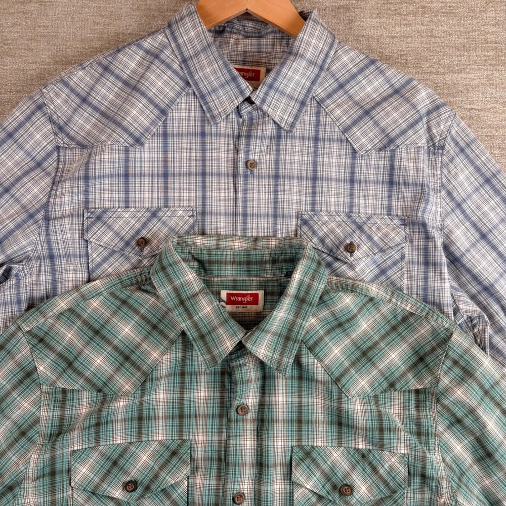 Lot 2 Wrangler Mens Slim Fit Western Woven Plaid Button Down Shirt L Blue Green